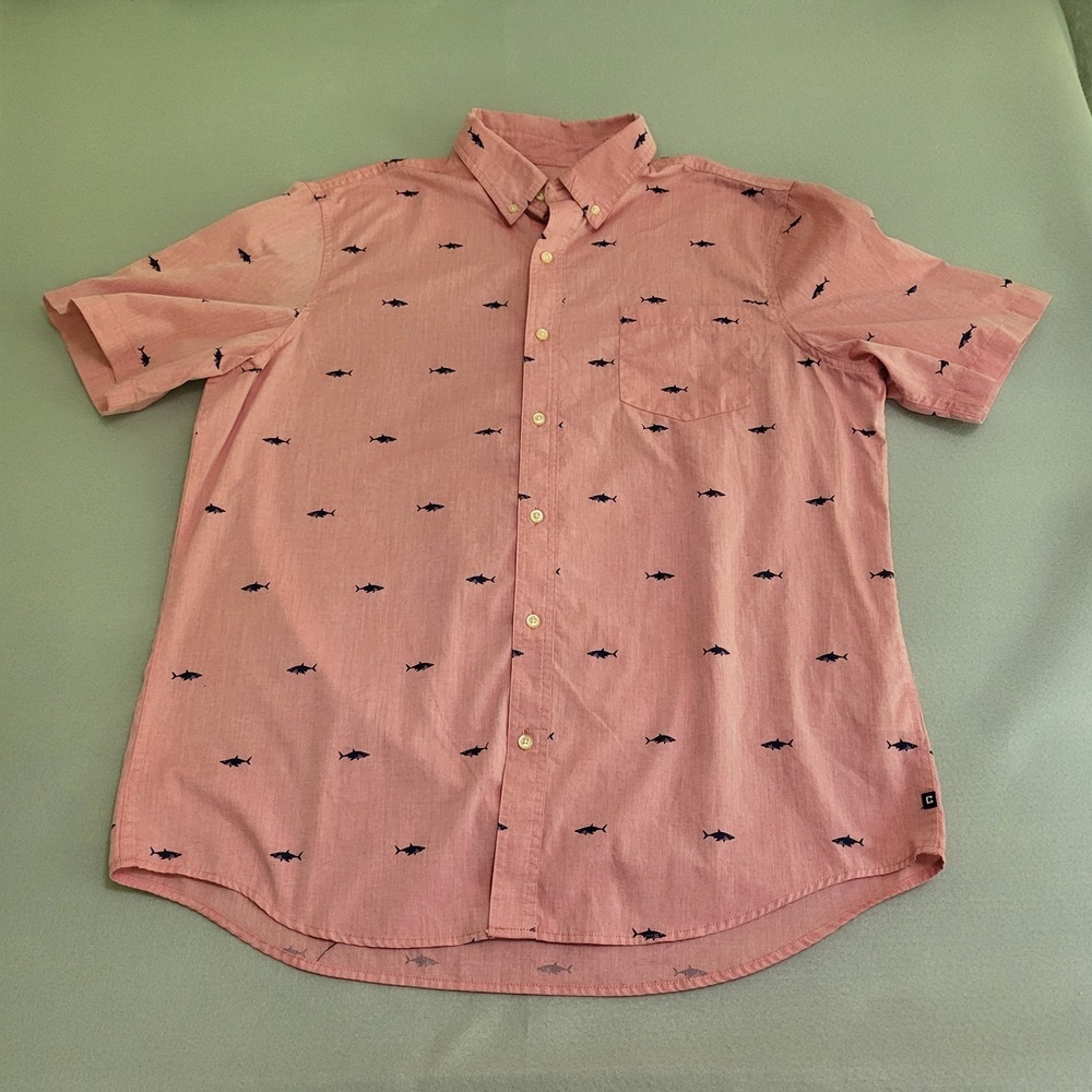 Chaps Short Sleeve Pink Button Up All Over Shark Fish Print Shirt Men's XL